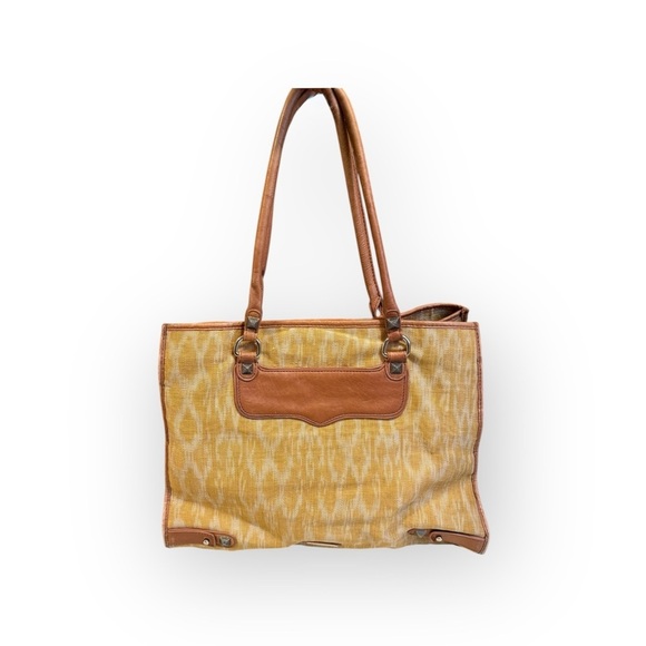Rebecca Minkoff Handbags - Rebecca Minkoff Women’s Indegenous Woven Cloth Large Tote Bag Cognac Leather